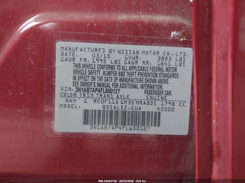 2015 Nissan Sentra VIN 3N1AB7AP4FL650127 IAAI salvage auction — NORMAL WEAR, Clear (Mississippi), sold $425 on 2026-07-17 (photo 9)