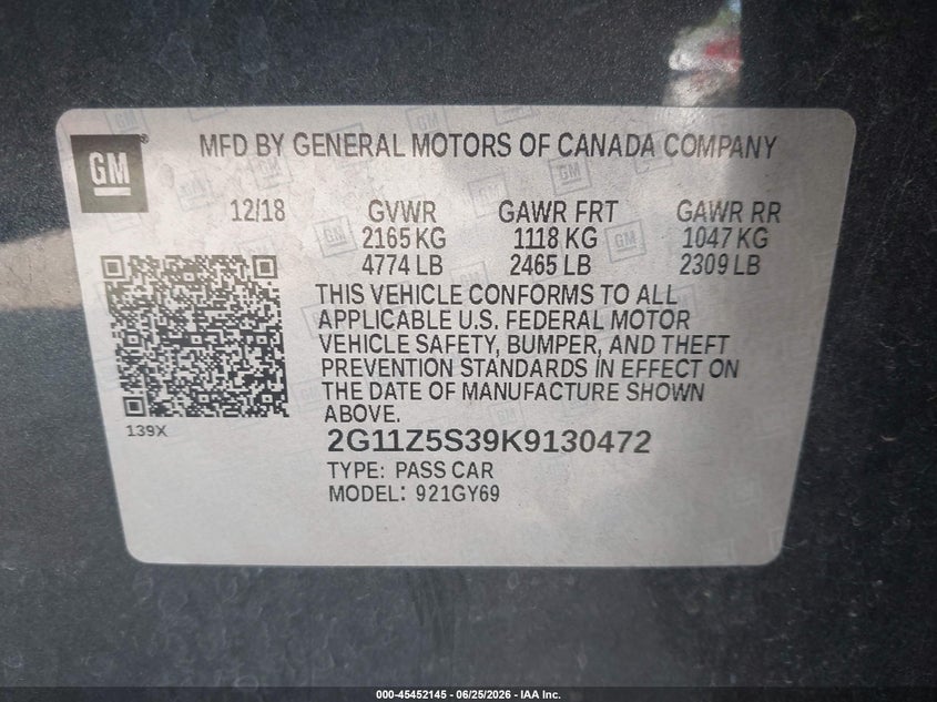 2019 Chevrolet Impala VIN 2G11Z5S39K9130472 IAAI salvage auction — SIDE, Salvage (Tennessee), sold $2,200 on 2026-07-09 (photo 9)