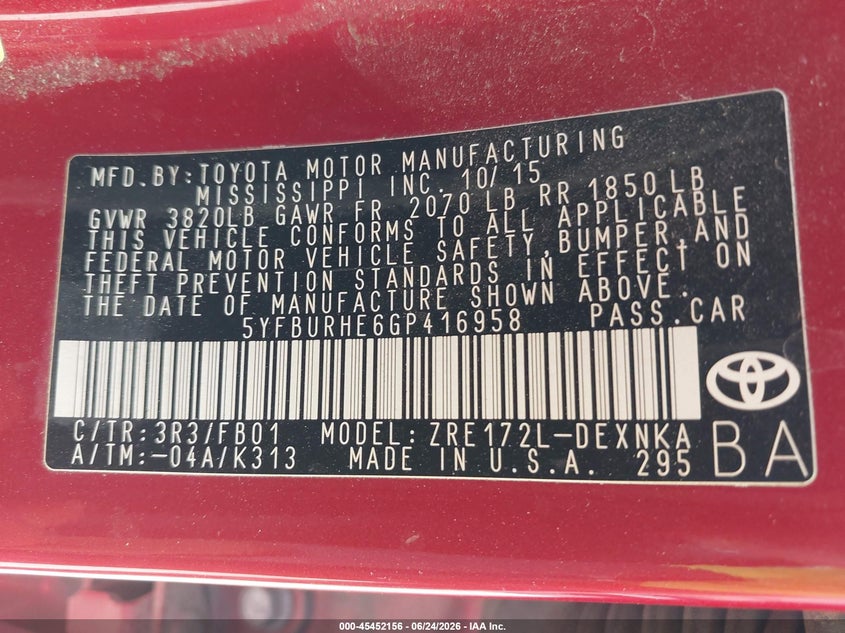 2016 Toyota Corolla VIN 5YFBURHE6GP416958 IAAI salvage auction — UNKNOWN, Salvage Title, sold $1,400 on 2026-07-13 (photo 9)