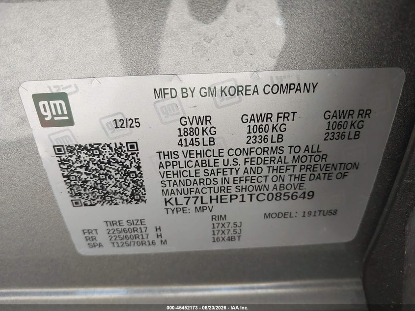 2026 Chevrolet Trax VIN KL77LHEP1TC085649 IAAI salvage auction — LEFT FRONT, Salvage Title, sold $325 on 2026-07-28 (photo 9)