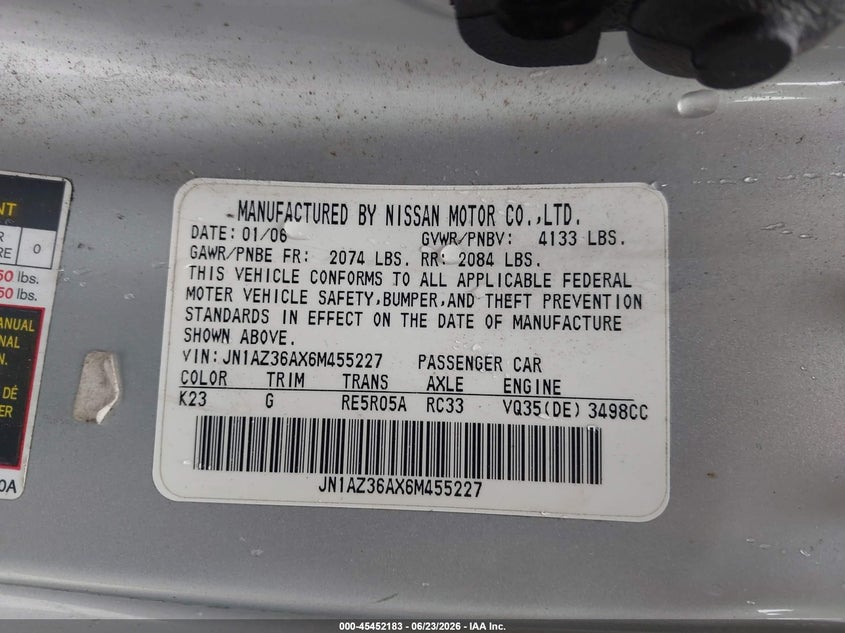 2006 Nissan 350z VIN JN1AZ36AX6M455227 IAAI salvage auction — NORMAL WEAR, Clear (Maryland), sold $1,200 on 2026-08-01 (photo 9)