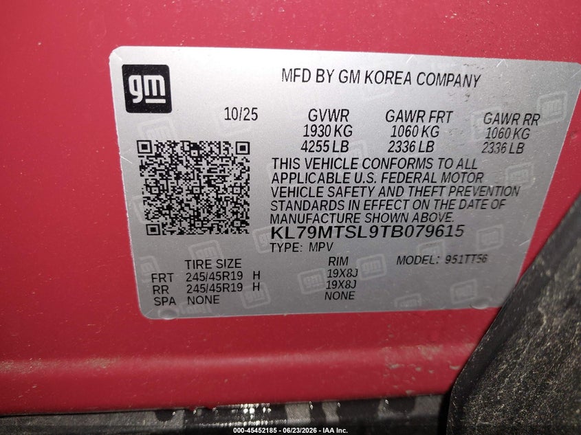 2026 Chevrolet Trailblazer VIN KL79MTSL9TB079615 IAAI salvage auction — FRONT END, Salvage Title, sold $4,950 on 2026-07-25 (photo 9)