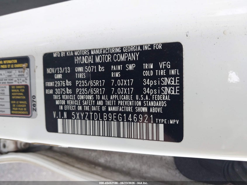 2014 Hyundai Santa fe VIN 5XYZTDLB9EG146921 IAAI salvage auction — FRONT END, Salvage (Pennsylvania), sold $700 on 2026-07-12 (photo 9)