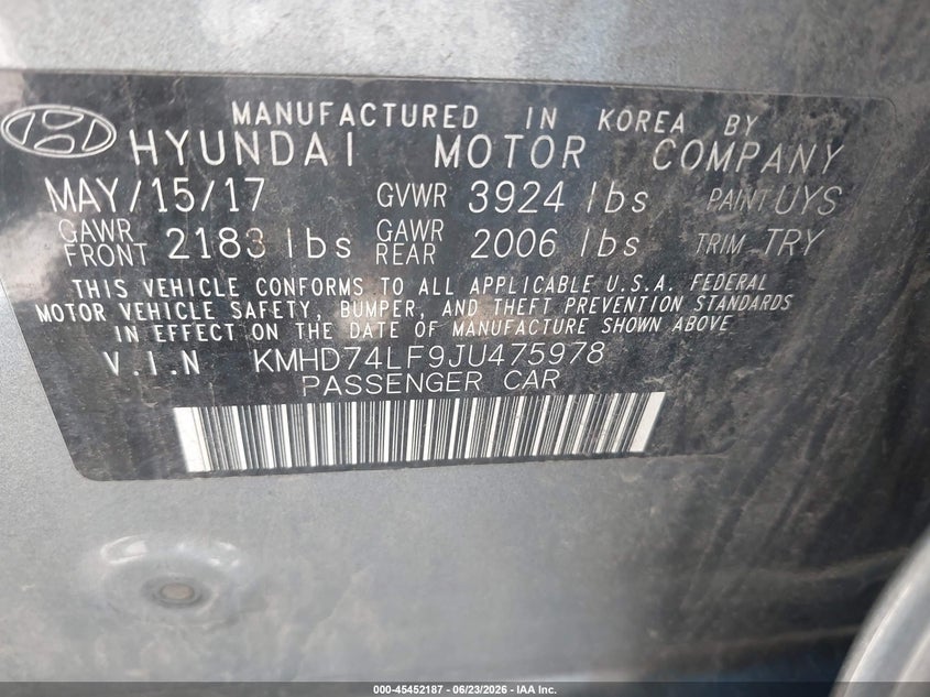 2018 Hyundai Elantra VIN KMHD74LF9JU475978 IAAI salvage auction — NORMAL WEAR, Clear (Indiana), sold $1,050 on 2026-07-22 (photo 9)