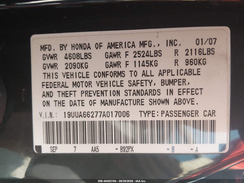 2007 Acura Tl VIN 19UUA66277A017006 IAAI salvage auction — FRONT END, Salvage (Missouri), sold $475 on 2026-07-28 (photo 9)
