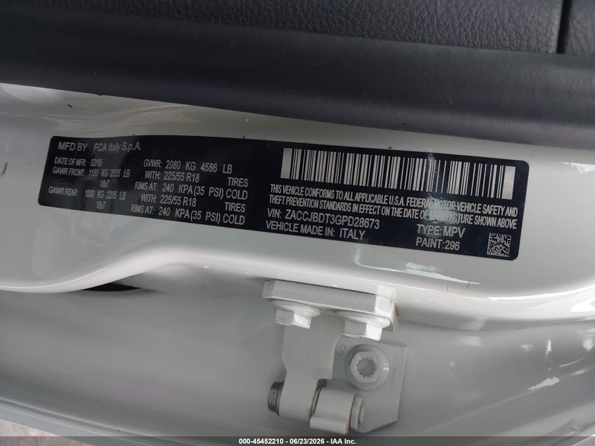 2016 Jeep Renegade VIN ZACCJBDT3GPD28673 IAAI salvage auction — FRONT & REAR, Salvage - Greater Than 75% (Maryland), sold $700 on 2026-07-17 (photo 9)