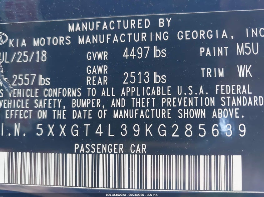 2019 Kia Optima VIN 5XXGT4L39KG285639 IAAI salvage auction — FRONT END, Salvage Title, sold $675 on 2026-07-26 (photo 9)