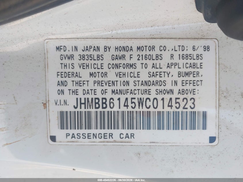 1998 Honda Prelude VIN JHMBB6145WC014523 IAAI salvage auction — NORMAL WEAR, Clear (Tennessee), sold $3,700 on 2026-07-08 (photo 9)
