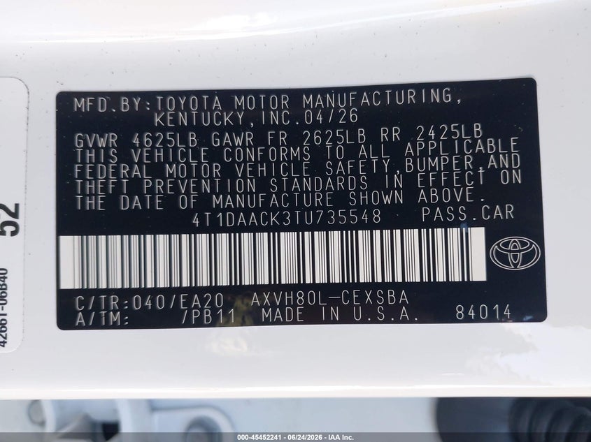 2026 Toyota Camry VIN 4T1DAACK3TU735548 IAAI salvage auction — SIDE, Salvage Title, sold $15,500 on 2026-08-05 (photo 9)