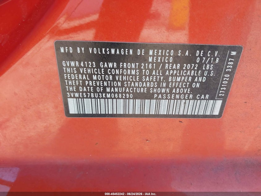 2019 Volkswagen Jetta VIN 3VWE57BU3KM068290 IAAI salvage auction — REAR END, Salvage Title, sold $4,350 on 2026-08-20 (photo 9)