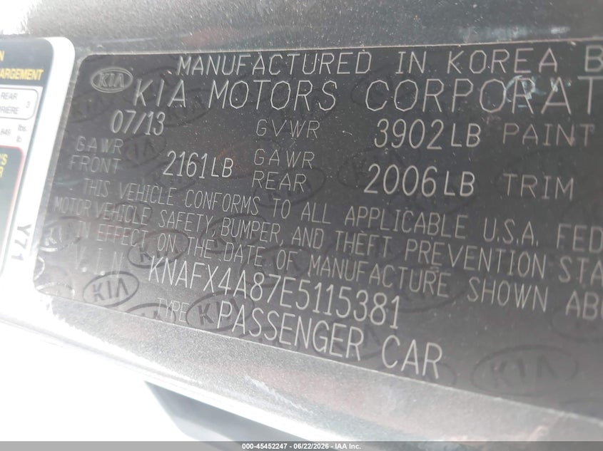 2014 Kia Forte VIN KNAFX4A87E5115381 IAAI salvage auction — FRONT END, Junk Bill Of Sale Mv2459 (Wisconsin), sold $500 on 2026-07-07 (photo 9)