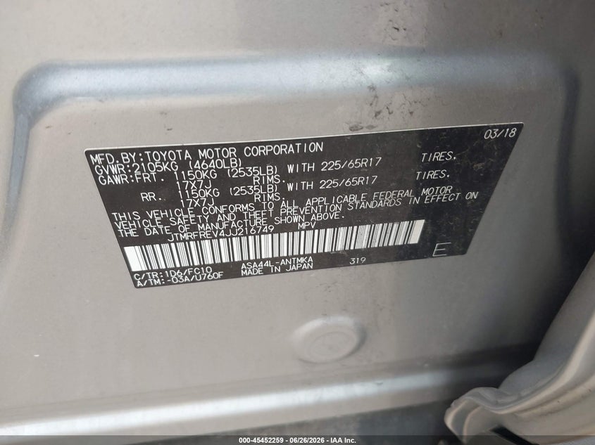 2018 Toyota Rav 4 VIN JTMRFREV4JJ216749 IAAI salvage auction — FRONT END, Salvage Title, sold $3,650 on 2026-07-21 (photo 9)