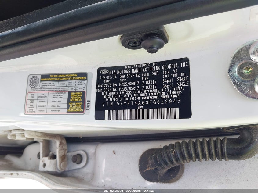 2015 Kia Sorento VIN 5XYKT4A63FG622945 IAAI salvage auction — NORMAL WEAR, Clear (Georgia), sold $1,425 on 2026-07-08 (photo 9)
