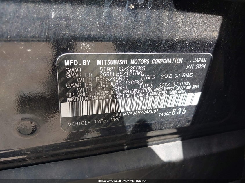 2024 Mitsubishi Outlander VIN JA4J4VA88RZ048083 IAAI salvage auction — FRONT END, Salvage Title, sold $1,050 on 2026-07-16 (photo 9)