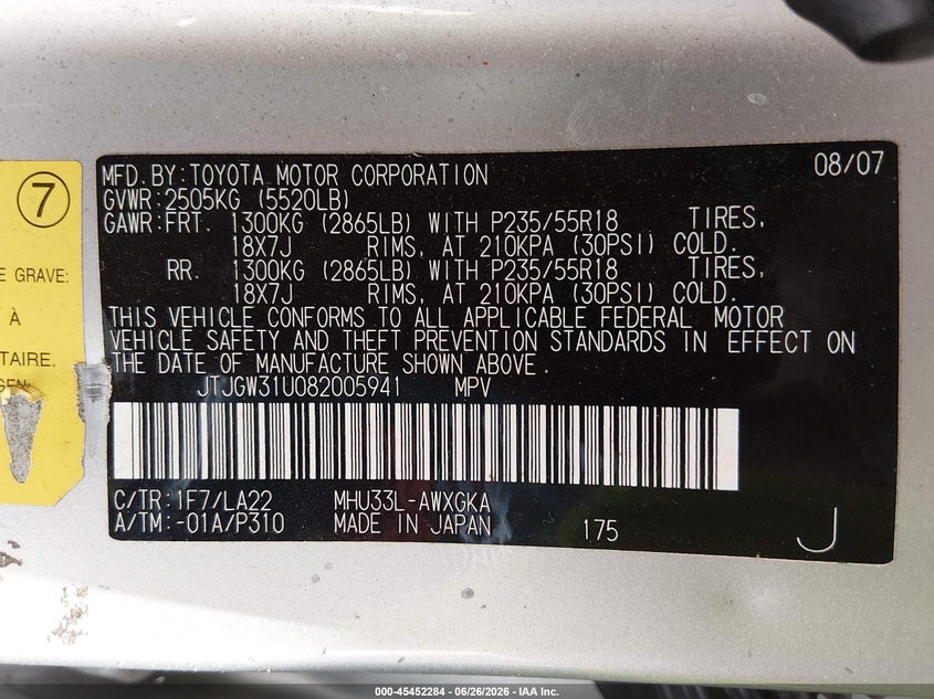 2008 Lexus Rx 400h VIN JTJGW31U082005941 IAAI salvage auction — NORMAL WEAR, Clear (Alabama), sold $300 on 2026-07-29 (photo 9)