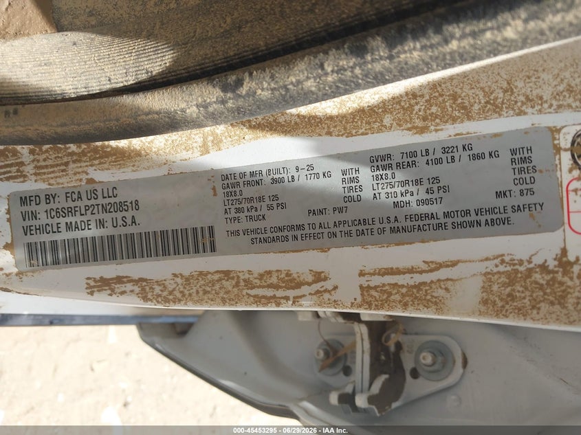 2026 Ram 1500 VIN 1C6SRFLP2TN208518 IAAI salvage auction — WATER/FLOOD, Salvage Title, sold $13,800 on 2026-09-02 (photo 9)
