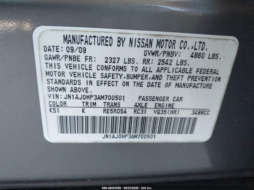 2010 Infiniti Ex35 VIN JN1AJ0HP3AM700501 IAAI salvage auction — NORMAL WEAR, Clear (Georgia), sold $100 on 2026-07-07 (photo 9)