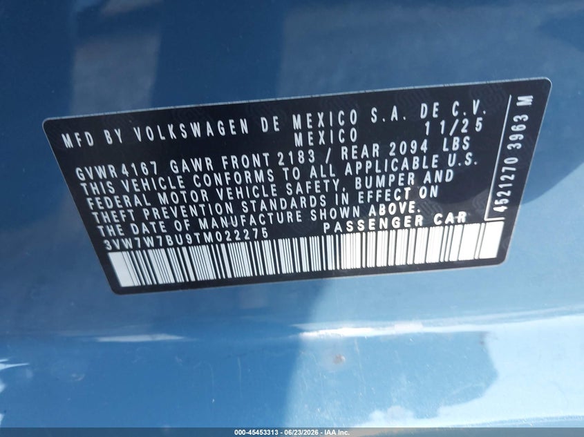 2026 Volkswagen Jetta VIN 3VW7W7BU9TM022275 IAAI salvage auction — LEFT FRONT, Salvage Title, sold $4,600 on 2026-07-29 (photo 9)