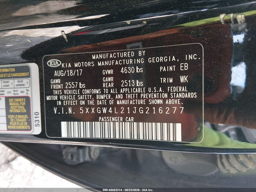 2018 Kia Optima VIN 5XXGW4L21JG216277 IAAI salvage auction — SIDE, Salvage Title, sold $500 on 2026-07-30 (photo 9)