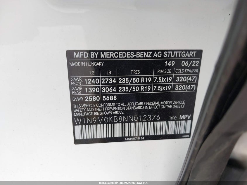 2022 Mercedes-benz VIN W1N9M0KB8NN012376 IAAI salvage auction — REAR END, Clear (Michigan), sold $11,600 on 2026-07-31 (photo 9)