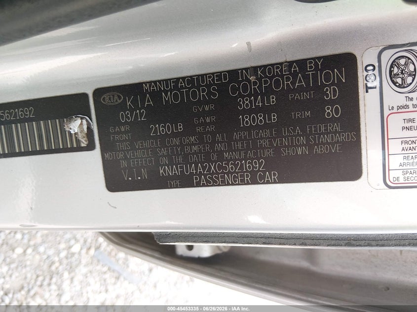 2012 Kia Forte VIN KNAFU4A2XC5621692 IAAI salvage auction — NORMAL WEAR, Clear (Louisiana), sold $675 on 2026-07-29 (photo 9)