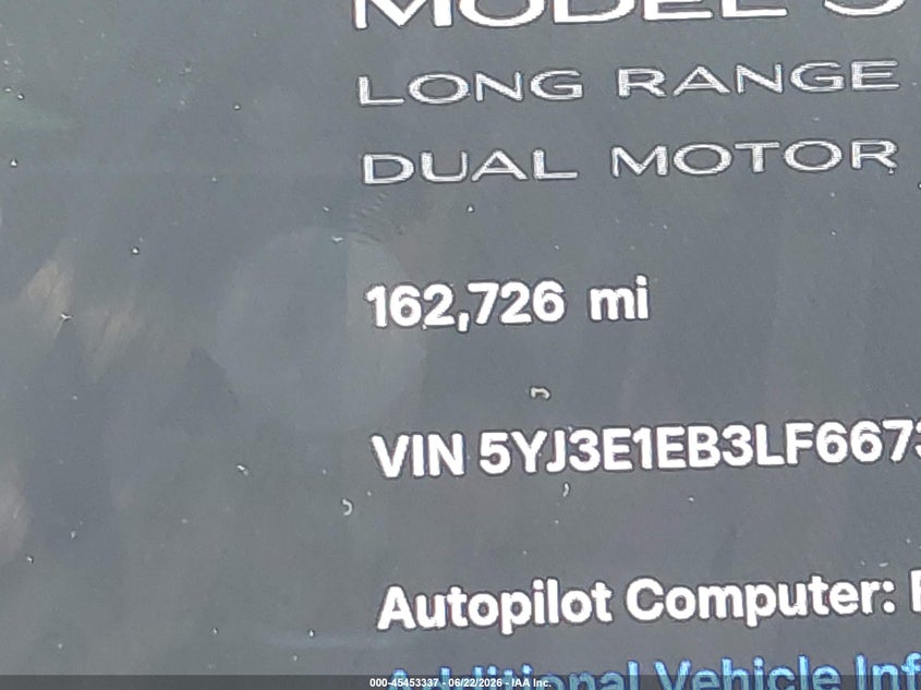 2020 Tesla Model 3 VIN 5YJ3E1EB3LF667357 IAAI salvage auction — FRONT & REAR, Clear (New Jersey), sold $5,800 on 2026-07-10 (photo 7)