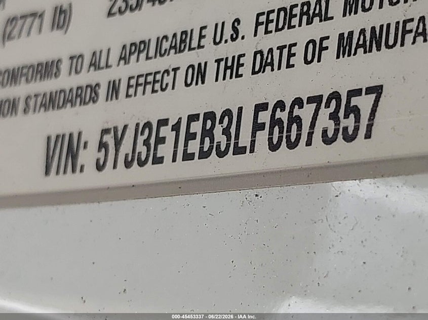 2020 Tesla Model 3 VIN 5YJ3E1EB3LF667357 IAAI salvage auction — FRONT & REAR, Clear (New Jersey), sold $5,800 on 2026-07-10 (photo 9)