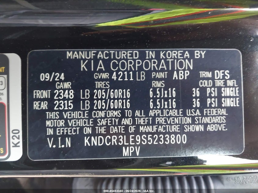 2025 Kia Niro VIN KNDCR3LE9S5233800 IAAI salvage auction — HAIL, Salvage Title, sold $4,000 on 2026-07-22 (photo 9)