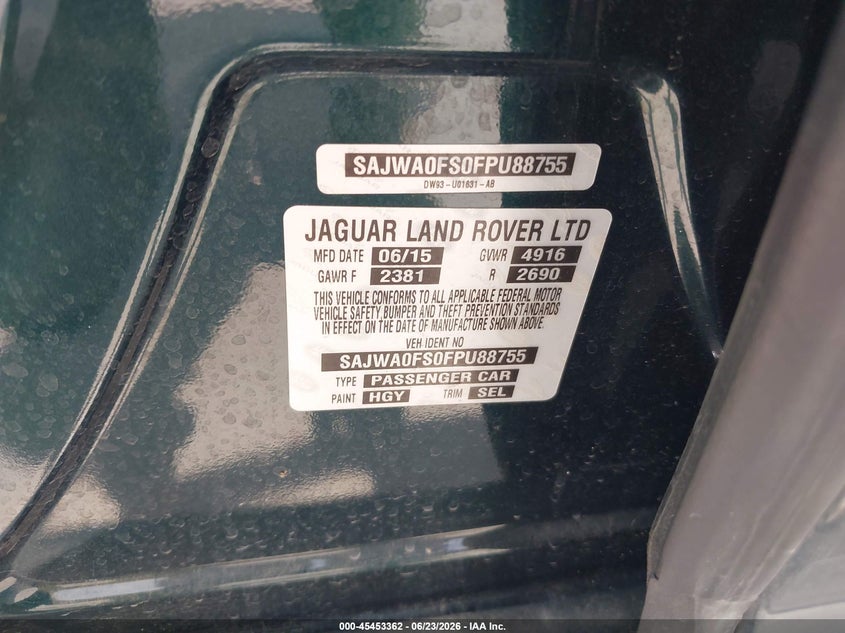 2015 Jaguar Xf VIN SAJWA0FS0FPU88755 IAAI salvage auction — LEFT SIDE, Salvage (Texas), sold $1,650 on 2026-07-22 (photo 9)