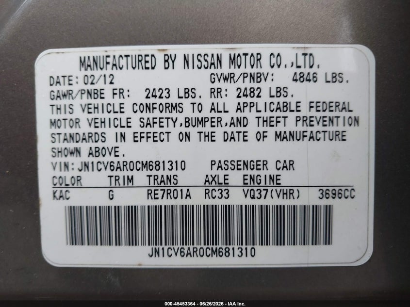 2012 Infiniti G37 VIN JN1CV6AR0CM681310 IAAI salvage auction — REAR END, Salvage (Tennessee), sold $775 on 2026-07-16 (photo 9)