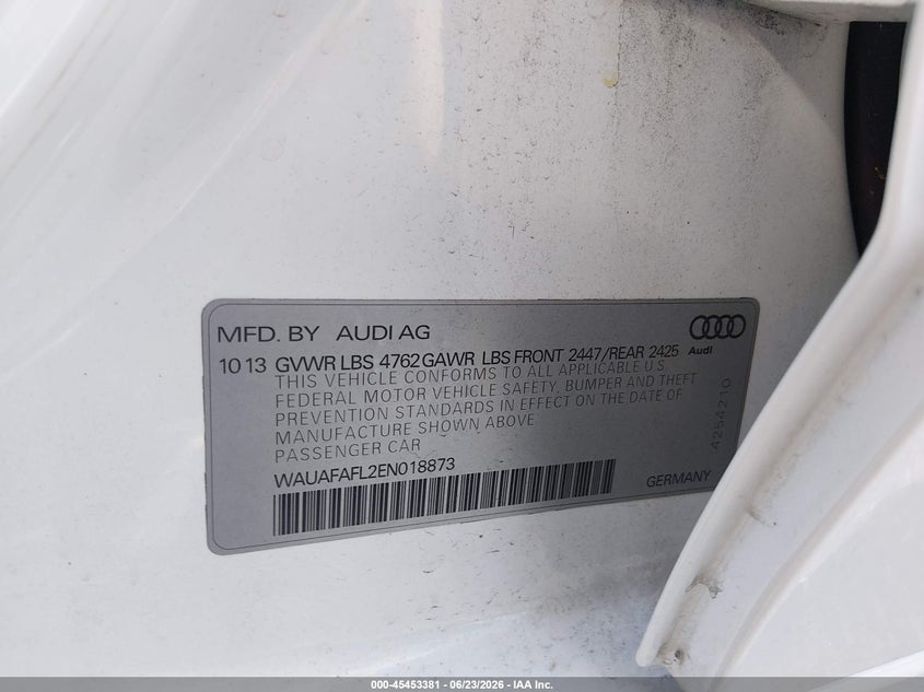 2014 Audi A4 VIN WAUAFAFL2EN018873 IAAI salvage auction — FRONT END, Rebuildable (Florida), sold $2,400 on 2026-07-16 (photo 9)