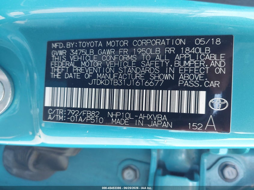 2018 Toyota Prius c VIN JTDKDTB31J1616677 IAAI salvage auction — UNKNOWN, Salvage (Virginia), sold $5,350 on 2026-07-07 (photo 9)