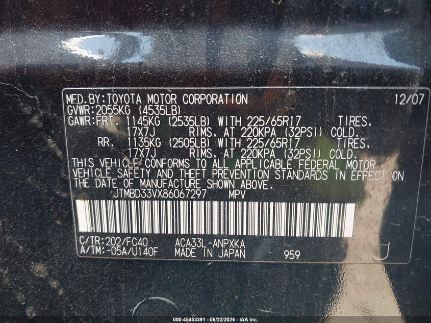 2008 Toyota Rav 4 VIN JTMBD33VX86067297 IAAI salvage auction — NORMAL WEAR, Clear - Dealer Only (California), sold $1,150 on 2026-07-29 (photo 9)