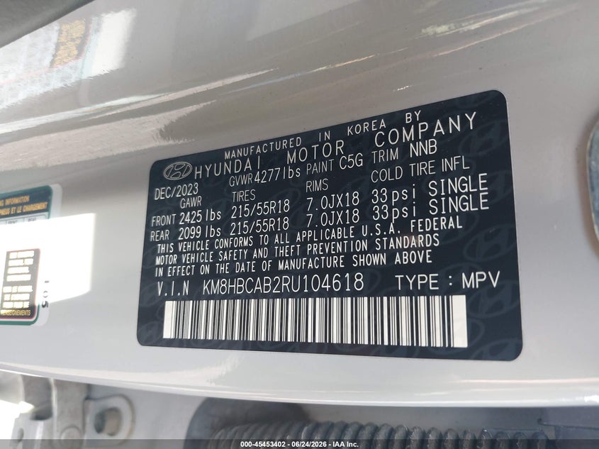 2024 Hyundai Kona VIN KM8HBCAB2RU104618 IAAI salvage auction — FRONT END, Salvage Title, sold $8,300 on 2026-07-28 (photo 9)