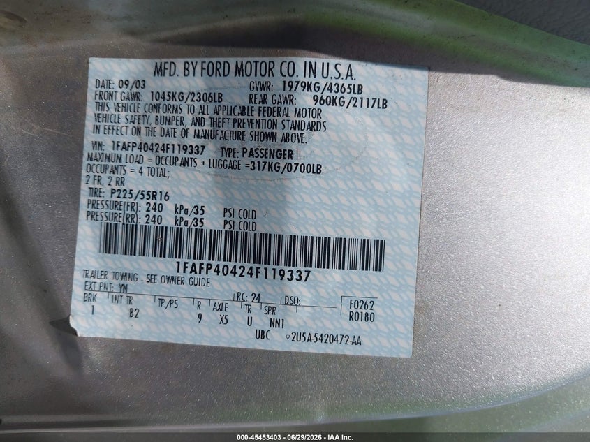 2004 Ford Mustang VIN 1FAFP40424F119337 IAAI salvage auction — NORMAL WEAR, Clear (Florida), sold $300 on 2026-07-09 (photo 9)