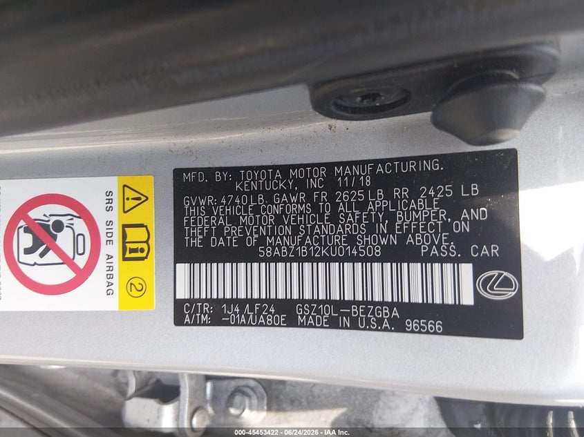 2019 Lexus ES VIN 58ABZ1B12KU014508 IAAI salvage auction — FRONT END, Salvage Title, sold $15,000 on 2026-07-31 (photo 9)