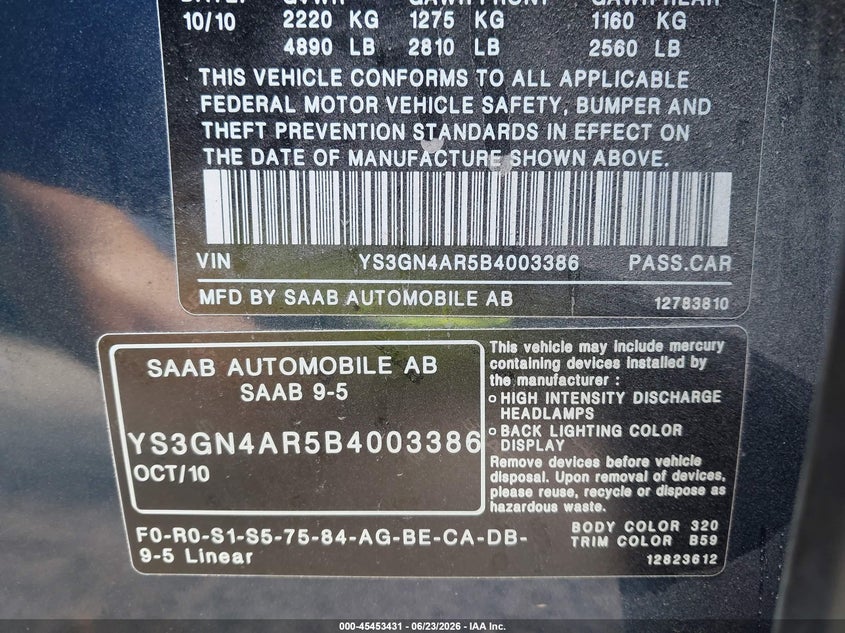 2011 Saab 9-5 VIN YS3GN4AR5B4003386 IAAI salvage auction — NORMAL WEAR, Certificate Of Title (Nebraska), sold $300 on 2026-07-29 (photo 9)