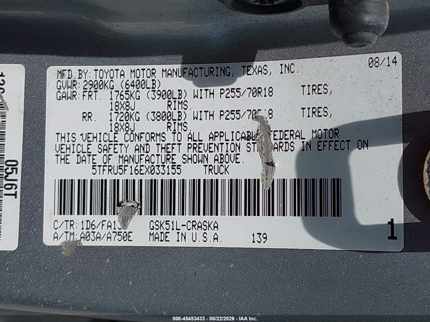 2014 Toyota Tundra VIN 5TFRU5F16EX033155 IAAI salvage auction — ENGINE DAMAGE, Clear (Florida), sold $4,000 on 2026-07-23 (photo 9)