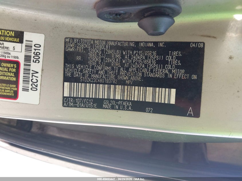 2008 Toyota Sienna VIN 5TDZK23C48S193782 IAAI salvage auction — NORMAL WEAR, Clear-Dealer Only (North Carolina), sold $450 on 2026-07-19 (photo 9)