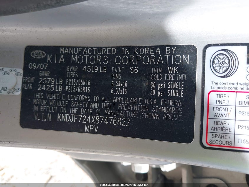 2008 Kia Sportage VIN KNDJF724X87476822 IAAI salvage auction — NORMAL WEAR, Clear (Alabama), sold $600 on 2026-07-13 (photo 9)