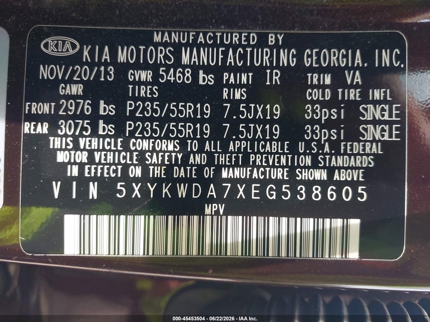 2014 Kia Sorento VIN 5XYKWDA7XEG538605 IAAI salvage auction — NORMAL WEAR, Clear (Maryland), sold $1,600 on 2026-07-16 (photo 9)