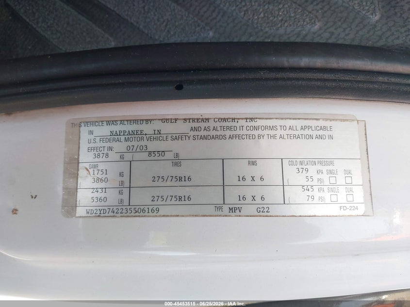 2003 Chevrolet Sprinter van 2500 VIN WD2YD742235506169 IAAI salvage auction — NORMAL WEAR, Clear (Florida), sold $5,100 on 2026-07-07 (photo 9)