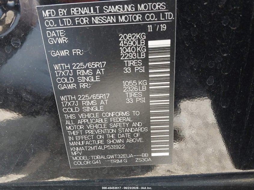 2020 Nissan Rogue VIN KNMAT2MT4LP531922 IAAI salvage auction — FRONT END, Salvage Title, sold $25 on 2026-07-29 (photo 9)