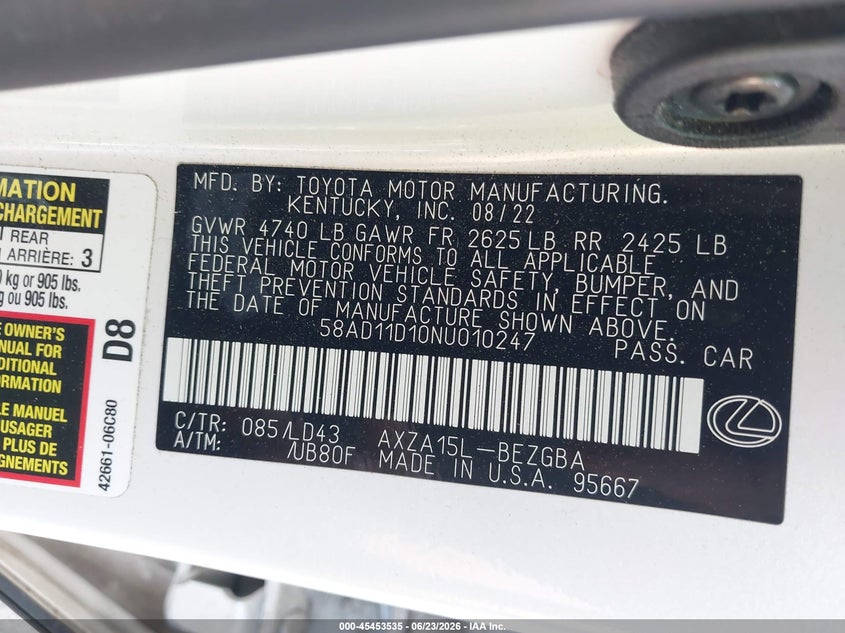 2022 Lexus ES VIN 58AD11D10NU010247 IAAI salvage auction — REAR END, Salvage (Georgia), sold $15,200 on 2026-07-29 (photo 9)