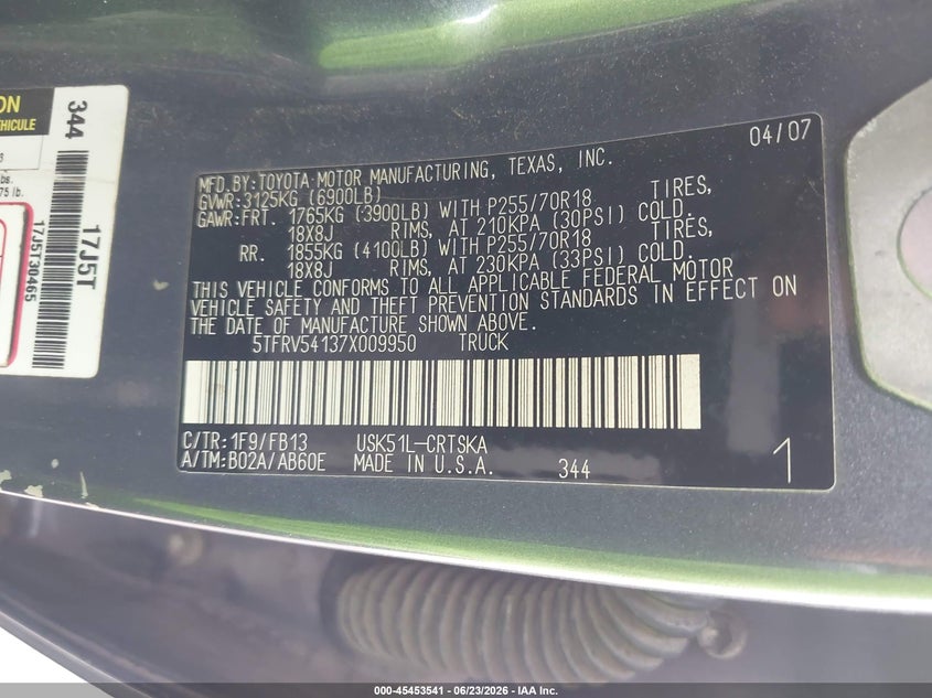 2007 Toyota Tundra VIN 5TFRV54137X009950 IAAI salvage auction — LEFT FRONT, Salvage (Texas), sold $4,250 on 2026-08-02 (photo 9)