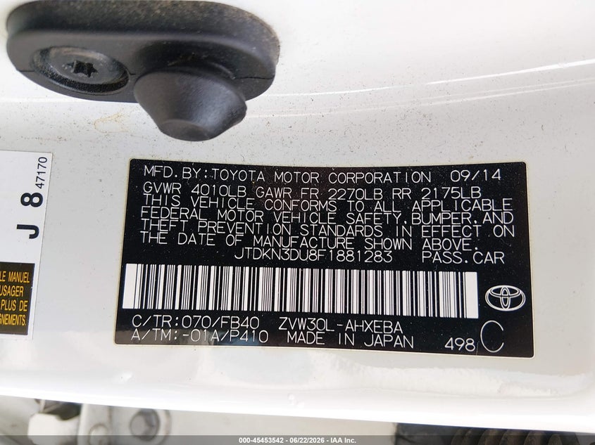 2015 Toyota Prius VIN JTDKN3DU8F1881283 IAAI salvage auction — SIDE, Salvage (Ohio), sold $2,200 on 2026-07-08 (photo 9)