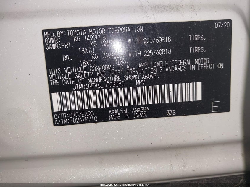 2020 Toyota Rav 4 VIN JTMD6RFV6LJ002082 IAAI salvage auction — REAR END, Mv-907A (New York), sold $14,750 on 2026-07-29 (photo 9)