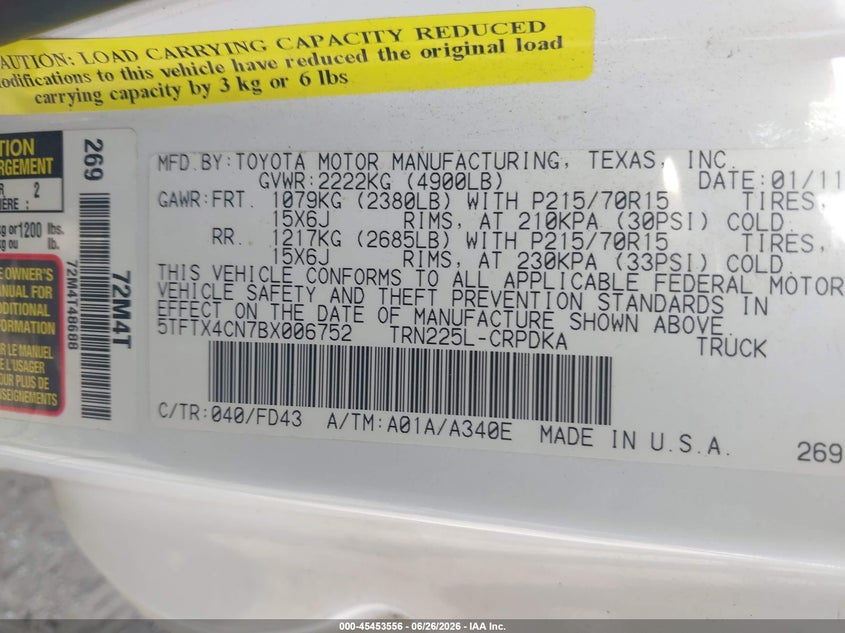 2011 Toyota Tacoma VIN 5TFTX4CN7BX006752 IAAI salvage auction — FRONT END, Original (Texas), sold $2,700 on 2026-07-16 (photo 9)