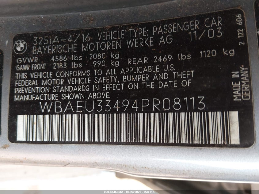 2004 BMW 3er VIN WBAEU33494PR08113 IAAI salvage auction — NORMAL WEAR, Clear-Dealer Only (North Carolina), sold $350 on 2026-07-13 (photo 9)