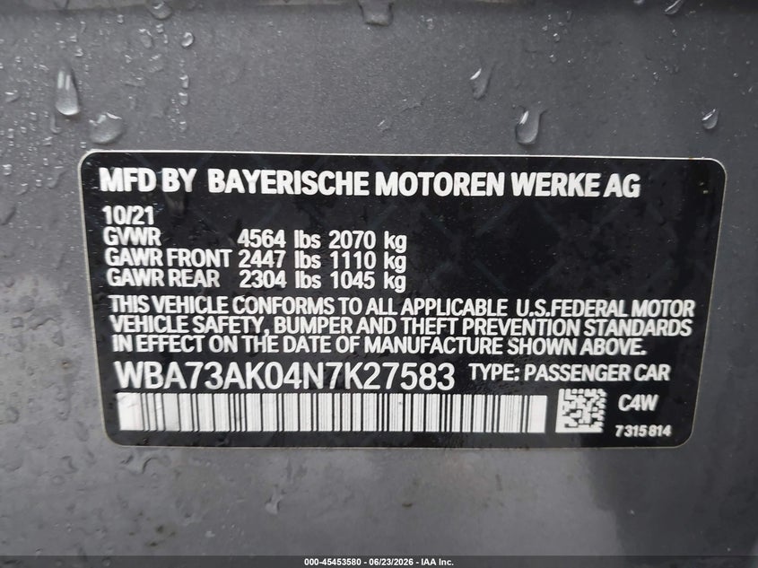 2022 BMW 2er VIN WBA73AK04N7K27583 IAAI salvage auction — FRONT END, Salvage Title, sold $125 on 2026-07-29 (photo 9)